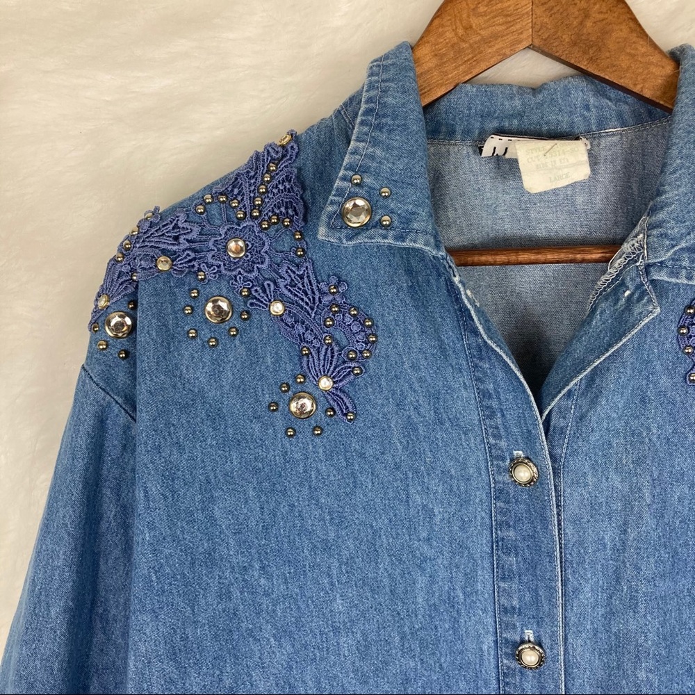 80s Vintage Bedazzled & Embroidered Denim Button Down Top